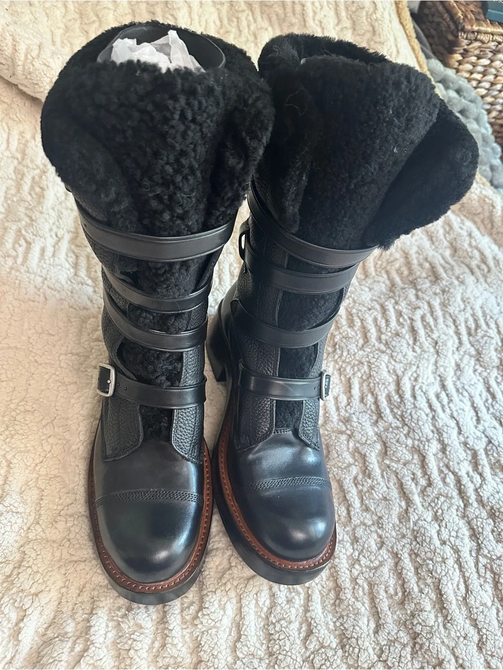 Coach Black Pebbled Leather Fur Shearling  Buckle Strap Combat Boot